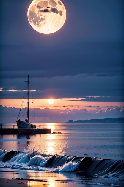 Se ve una luna llena sobre el agua.