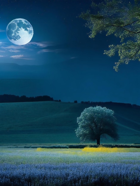 Se ve una luna llena sobre un campo con un árbol en primer plano.