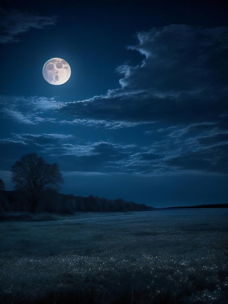 Se ve una luna llena sobre un campo con hierba y árboles.