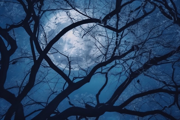 se ve una luna llena a través de las ramas de un árbol