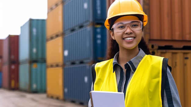 Foto se ve a una mujer con equipo de protección ia generativa sonriendo frente a un contenedor a la manera de la construcción y el diseño de ingeniería