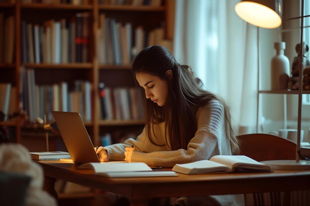 Foto se ve a una mujer estudiando en casa sentada en un escritorio de la escuela