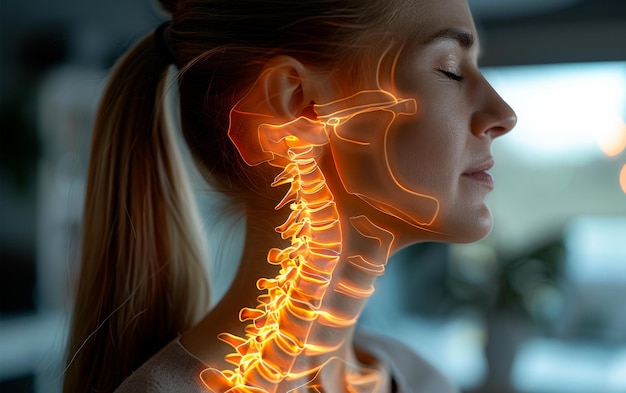 Foto se ve a la mujer con los ojos cerrados y la cara girada hacia un lado con la columna vertebral brillante superpuesta sobre su cuello