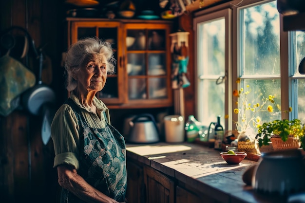 Foto se ve a una mujer de pie en una cocina ubicada junto a una ventana