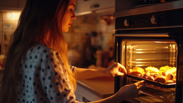 Foto se ve a una mujer quitando una bandeja de comida de un horno esta imagen se puede utilizar para mostrar la preparación de comidas de cocina o horneado en casa