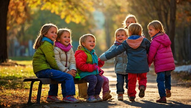 Foto se ve a niños risueños en un grupo lúdico radiando de alegría mientras miran hacia abajo a la cámara