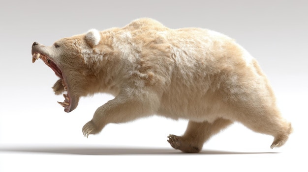 Se ve a un oso marrón claro corriendo rápidamente con la boca abierta