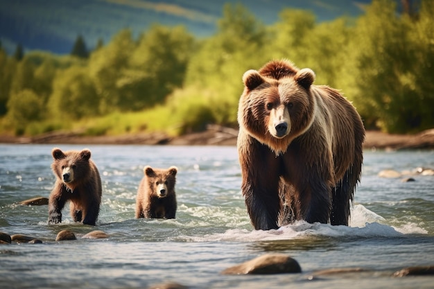 Se ve a un oso y sus dos cachorros caminando con confianza a través de un río sereno Se observan osos pardos en el río en Kamchatka Generado por IA