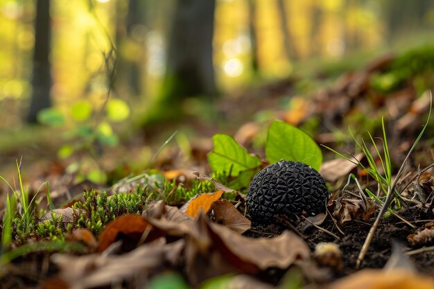 Foto se ve un pequeño objeto negro sentado en medio de los árboles en un bosque trufa perigord negra anidada en un suelo forestal generada por ia