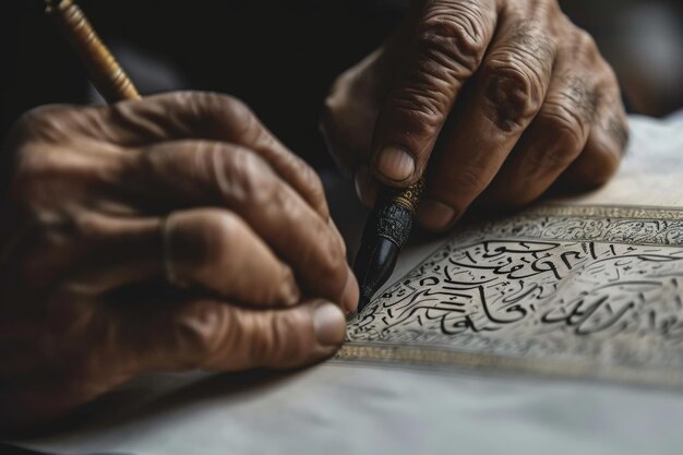 Se ve a una persona escribiendo en un libro con una pluma centrándose atentamente en la tarea a la mano Un calígrafo elaborando una intrincada escritura árabe Generada por IA