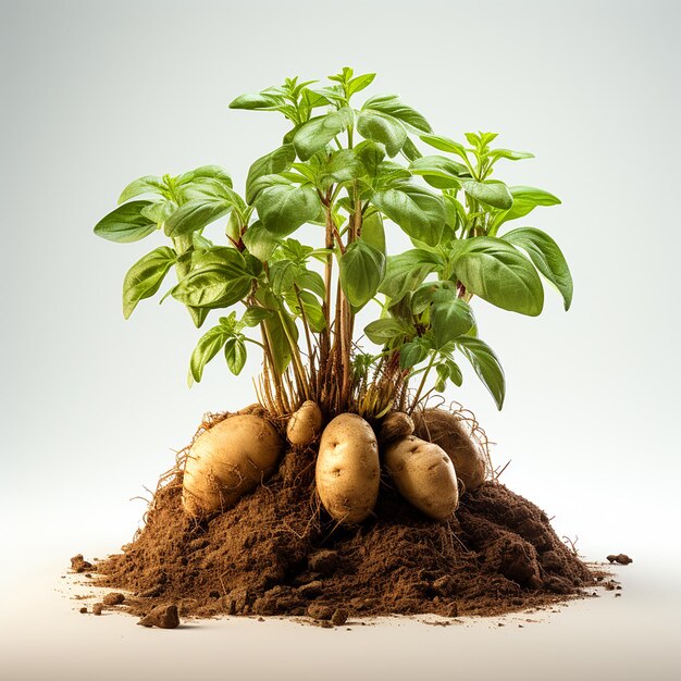 Se ve una planta de patata que brota de un montículo de tierra Las raíces de la planta son visibles