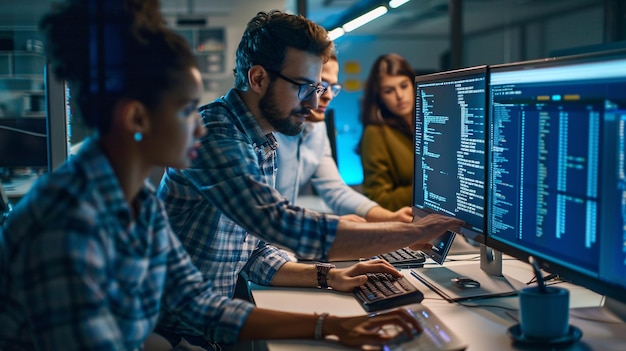 Se ve a los programadores colaborando y trabajando en el desarrollo de software en una oficina
