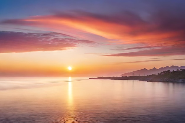 Se ve una puesta de sol sobre el mar con un cielo rosa y naranja y el sol.