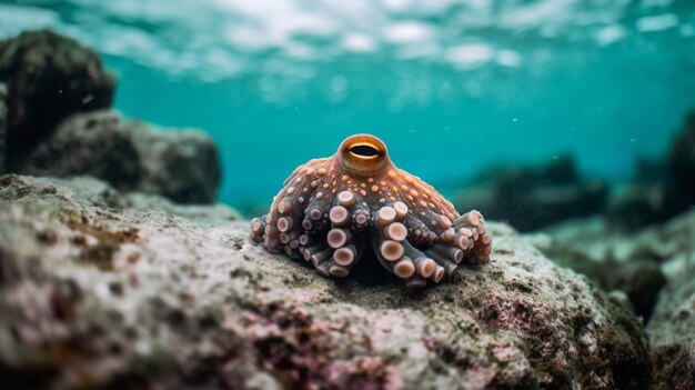 Foto se ve un pulpo en un arrecife de coral en el mar mediterráneo.