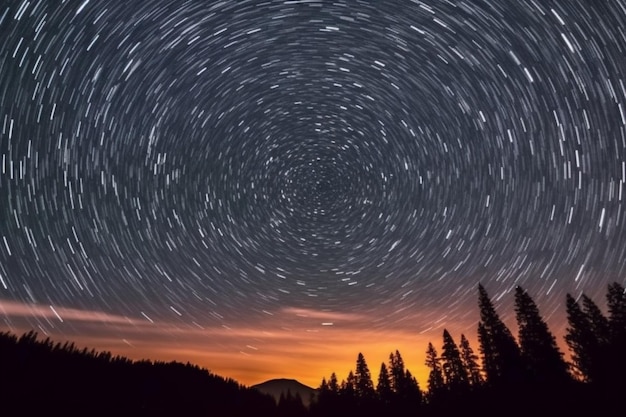 Se ve un rastro de estrellas en el cielo sobre un ai generativo forestal