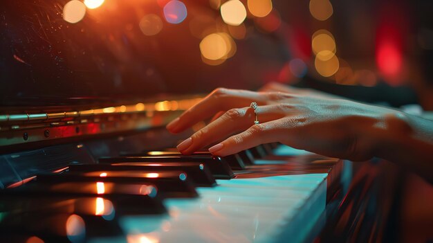 Foto se ve a una serena pianista tocando una melodía en un sintetizador en una toma lateral con ia generativa