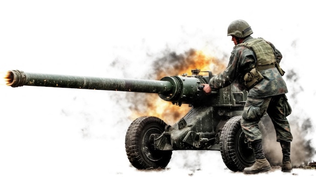 Se ve a un soldado montando un cañón con las palabras " ejército " en él.