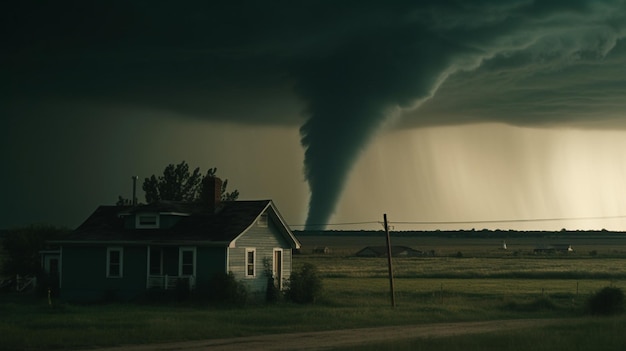 Se ve un tornado frente a una casa en la distancia.