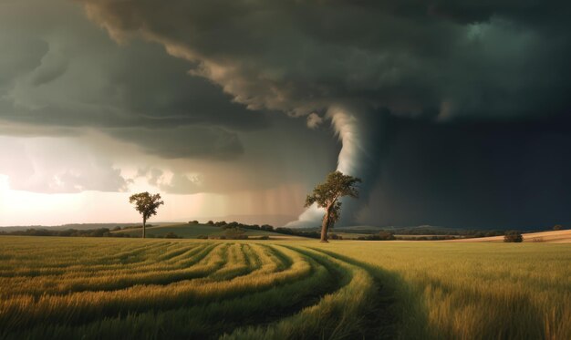 Se ve un tornado sobre un campo de trigo.