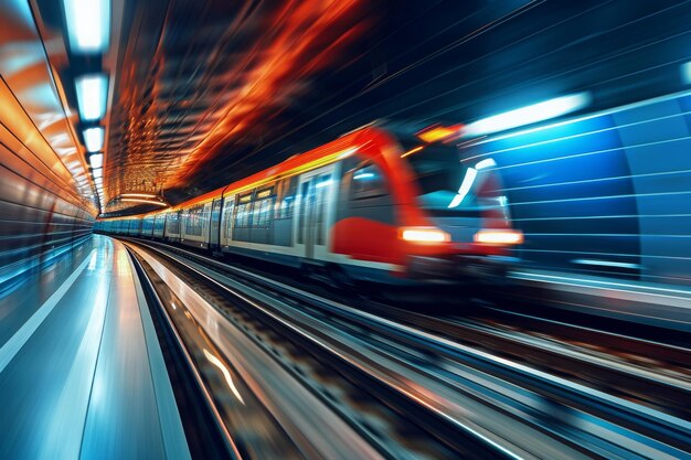 Foto se ve un tren viajando a través de una estación de tren ocupada rodeada de edificios altos un tren abstracto acelerando en vías futuristas generadas por ia