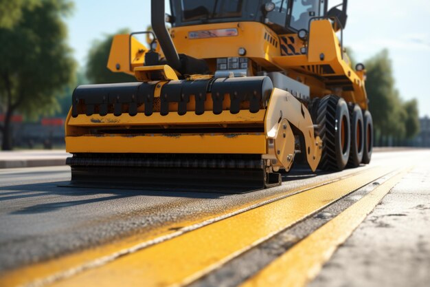 Foto se ve un vehículo de construcción amarillo conduciendo por una calle esta imagen se puede usar para representar trabajos de construcción o proyectos de desarrollo urbano