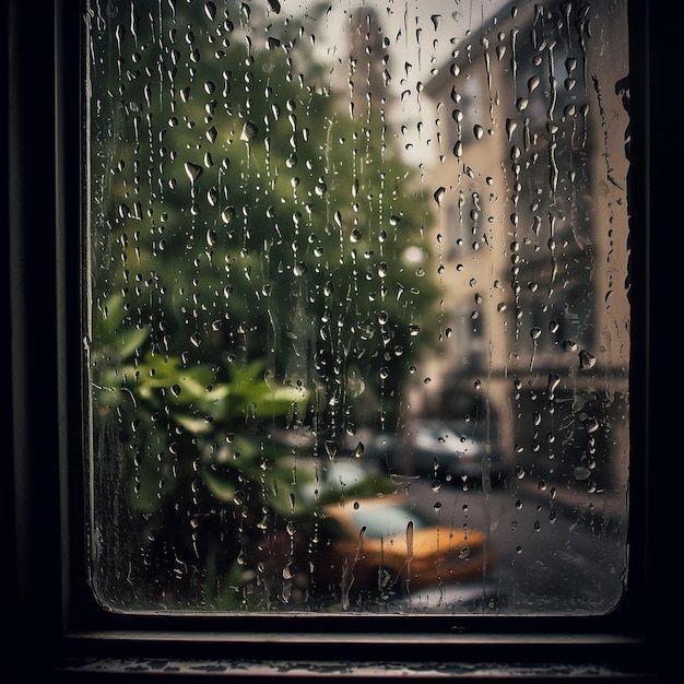 Se ve una ventana con gotas de lluvia y un taxi amarillo.