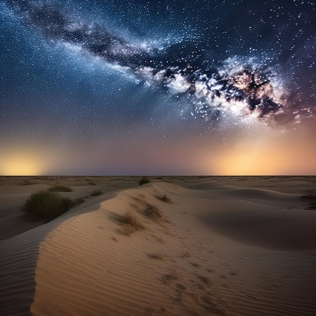 Se ve una vía láctea sobre el desierto por la noche.