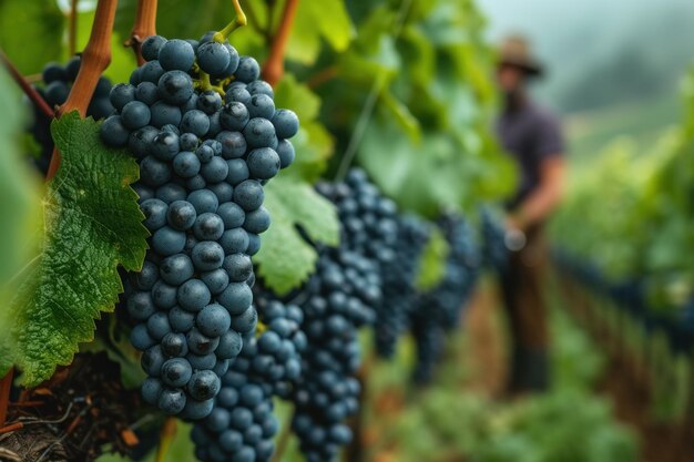 Se ve a un viticultor recogiendo uvas de una vid verde exuberante en un viñedo
