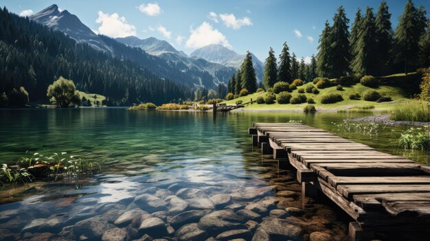 vea la belleza de la naturaleza mirando el lago de montaña al fondo del puente de madera