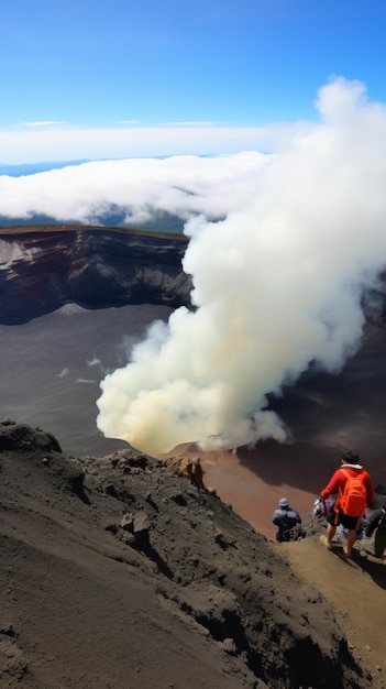 Vea de cerca un volcán activo mientras mira hacia abajo en su cráter ardiente