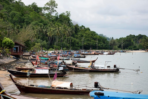 Vea el paisaje marino y los pescadores tailandeses locales flotando en el mar esperando pescar y vida marina en el pueblo pesquero de Pak Bara en la ciudad de La ngu el 12 de abril de 2022 en Satun Tailandia