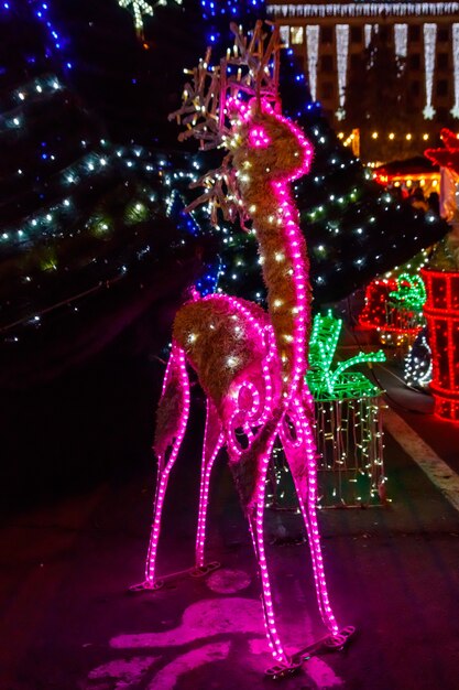 Veado de Natal iluminado à noite. Decoração de Natal e Ano Novo em um parque da cidade