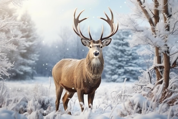 Veado em meio à neve do inverno em cena de floresta