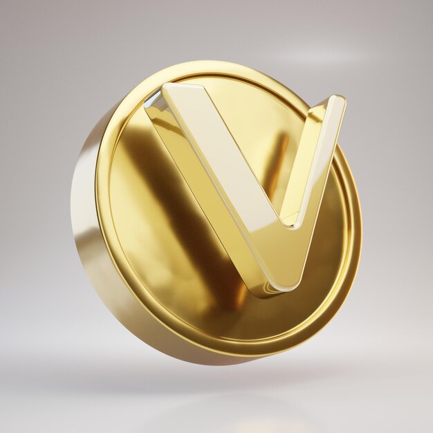 VeChain-Kryptowährungsmünze. Gold 3d gerenderte Münze mit VeChain-Symbol auf weißem Hintergrund.