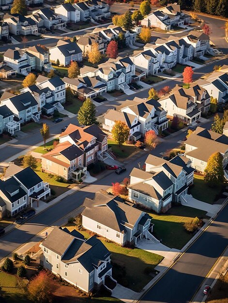 un vecindario con casas y una calle con árboles en el fondo