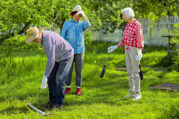 Vecinos amantes de la naturaleza. Tres vecinos activos amistosos amantes de la naturaleza verde plantando árboles cerca de las casas