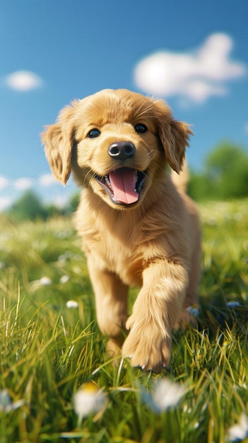 Vector 3D de un alegre cachorro de Golden Retriever en un campo de hierba brillante en una postura lúdica