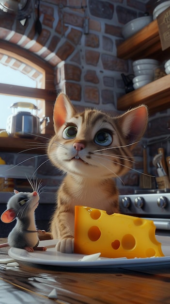 Vector 3D de un gato y un ratón compartiendo una pieza de queso escena lúdica en una cocina acogedora