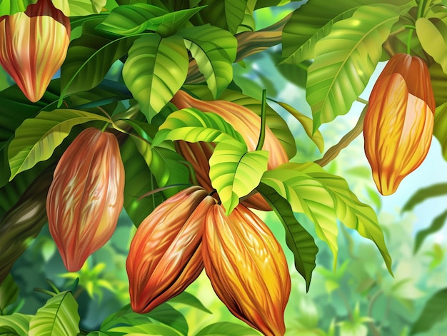 Vector 3D de vainas de cacao vibrantes en un árbol exuberante con hojas verdes brillantes en un entorno tropical