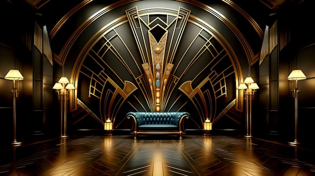 Vector abstracto art deco lujo patrón dorado vintage fondo artístico con formas geométricas arcos y remolinos ornamento retro lineal tarjeta gatsby