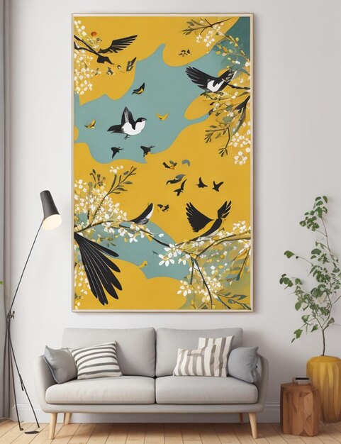 Vector abstracto naturaleza y pájaros sol amarillo arte acuarela pintura mural carteles e impresiones