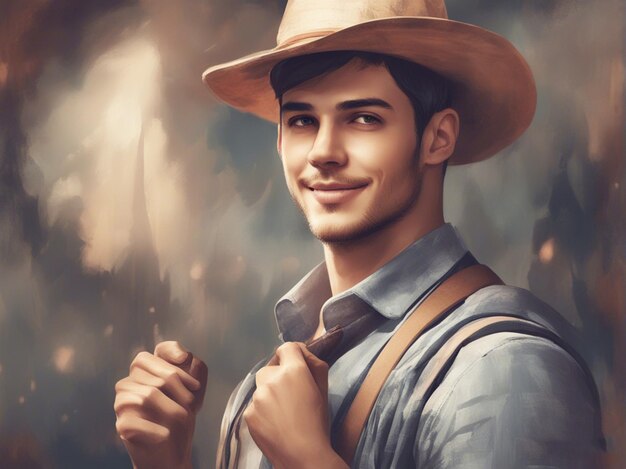 Vector de acuarela hombre y vaquero zapato de arma con sombrero sonriente