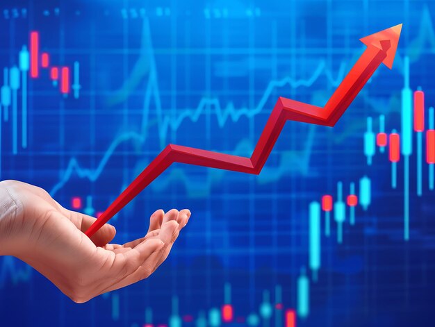 Vector de alto detalle de un gráfico del mercado de valores con una flecha hacia arriba sostenida por una mano en un fondo azul que representa el éxito financiero