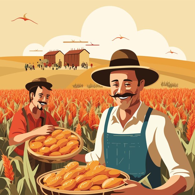 Vector arte de los agricultores trabajan con entusiasmo feliz y su éxito