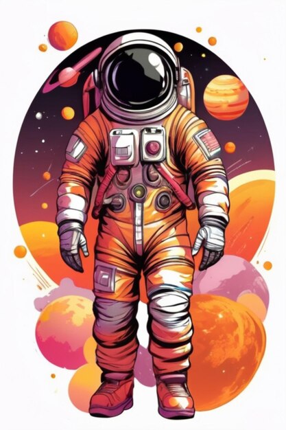 Vector Astronaut com Múltiplos Planetas Clip Art Vibrante para Impressão de T-Shirt