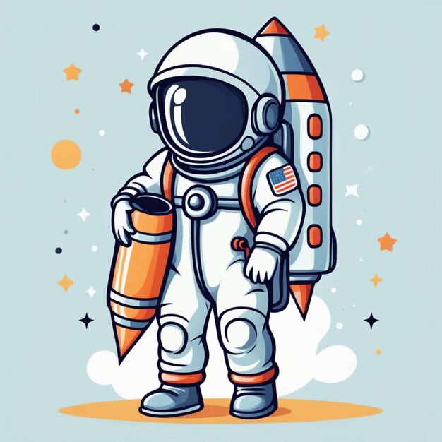 Vector Astronauta lindo con ilustración vectorial de dibujos animados de bolsa de cohetes