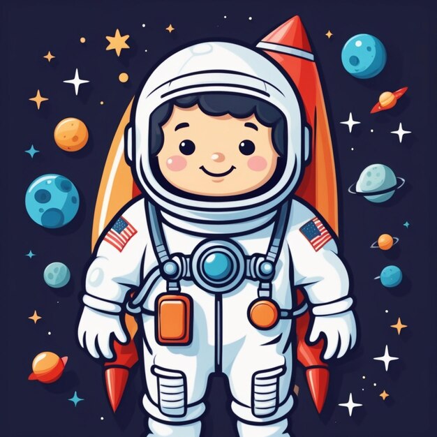 Foto vector astronauta lindo con una ilustración vectorial de dibujos animados de bolsa de cohetes