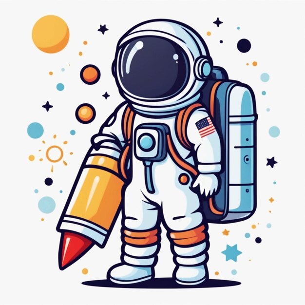 Foto vector astronauta lindo con una ilustración vectorial de dibujos animados de bolsa de cohetes