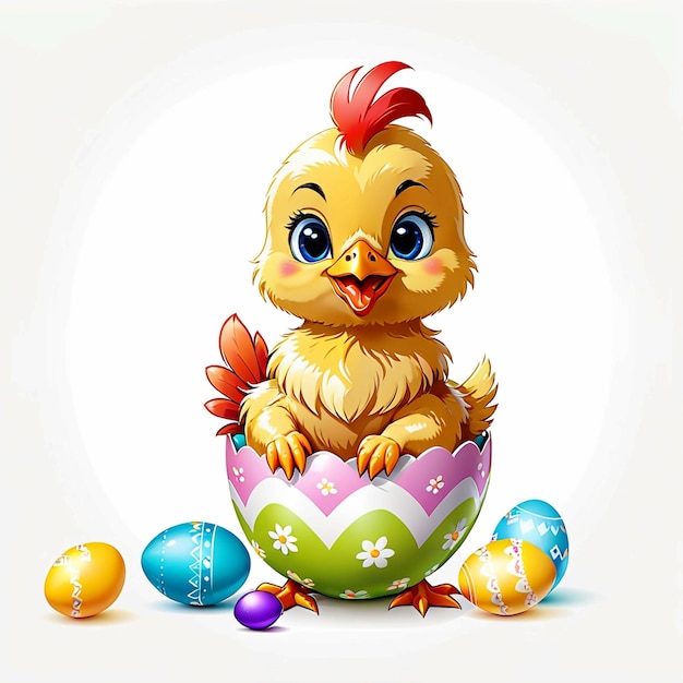 Vector bonito bebê de frango engraçado com ovo de Páscoa em fundo branco