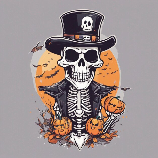 vector camiseta diseño ilustración kawaii esqueleto celebrando halloween alto detalle